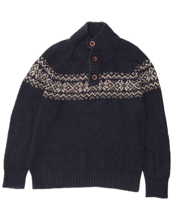 Fat Face Mens Button Neck Jumper Sweater Large Navy Blue Fair Isle Cotton