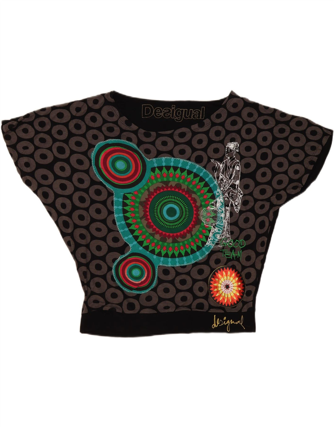 Desigual Womens Graphic Oversized Bluse Top UK 16 Large Schwarz Geometrisch