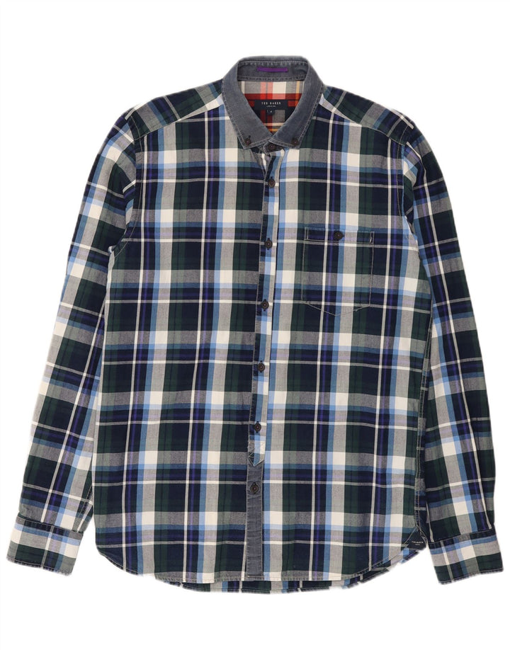 Ted Baker Herrenhemd, Größe 4, groß, marineblau, kariert, Baumwolle