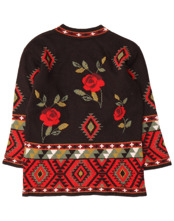 KOOKAI Damen-Pullover mit Rundhalsausschnitt, UK 14, mittlere schwarze Wolle mit Blumenmuster