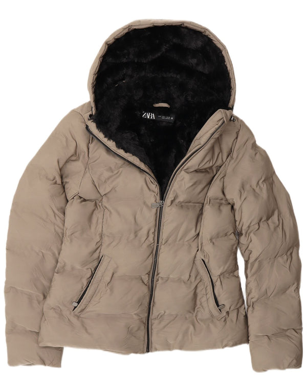 Zara Womens Hooded Sherpa Padded Jacket UK 10 Small Grey Polyester