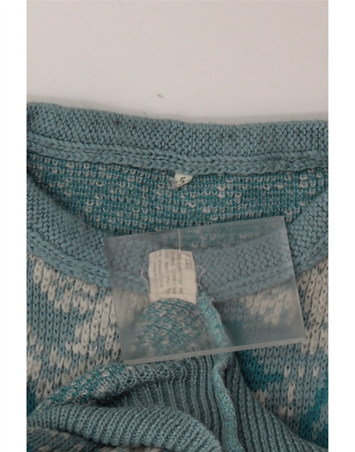 Vintage Damen Pullover mit abstraktem Muster und Rundhalsausschnitt, Gr. 16, Groß, Blau