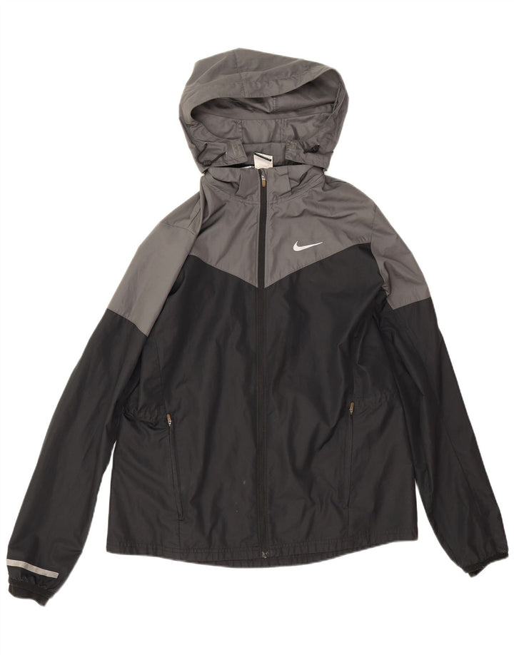Nike Damen-Regenjacke mit Kapuze, UK 16, großes graues Colourblock-Polyester