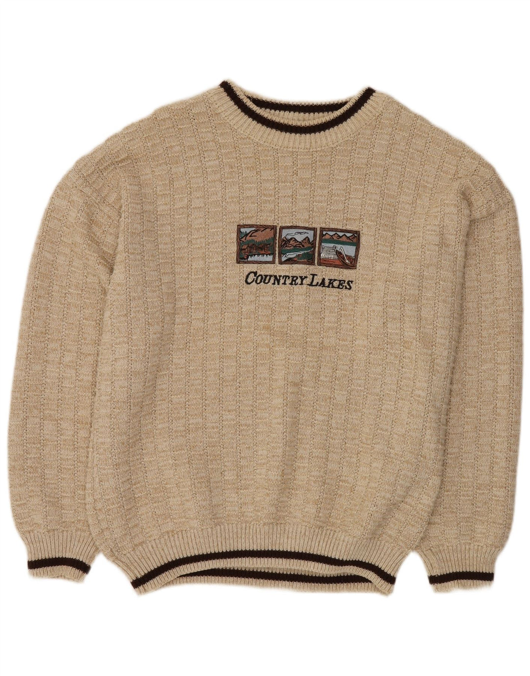 VINTAGE Herren Pullover mit grafischem Rundhalsausschnitt, IT 52 XL, Beige, Polyacryl