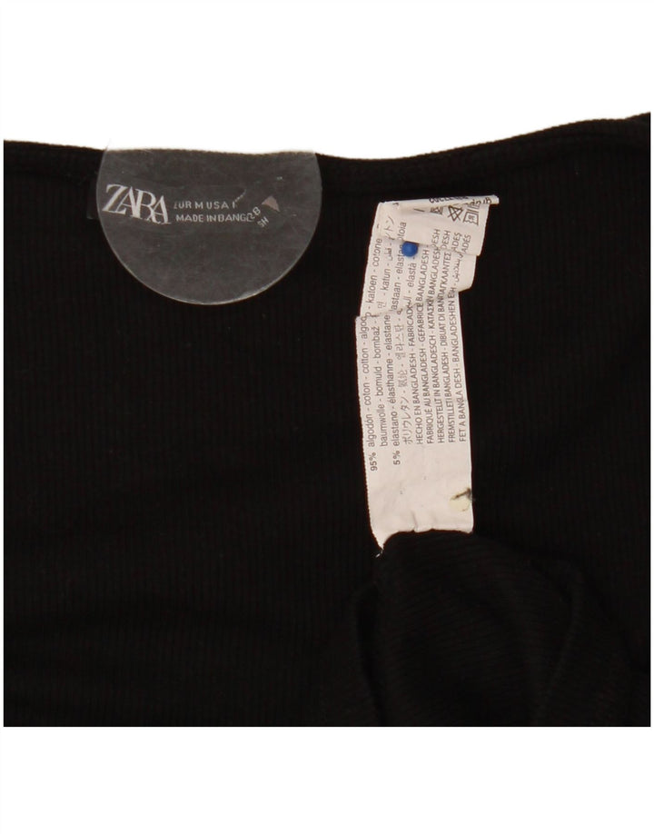 Zara Damen Crop Front Tie Top Langarm UK 12 Medium Schwarz Baumwolle