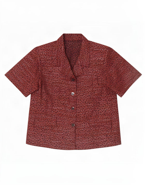 Vintage Damen Kurzarm-Hemdbluse UK 12 Medium Maroon Animal Print