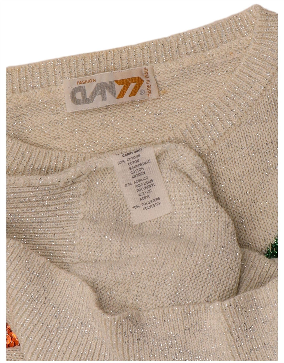 VINTAGE Damen-Pullover mit U-Boot-Ausschnitt, Gr. 16, groß, gebrochenes Weiß mit Blumenmuster