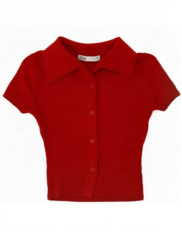 Zara Damen Crop Kurzarm-Hemdbluse UK 10 Kleine rote Viskose