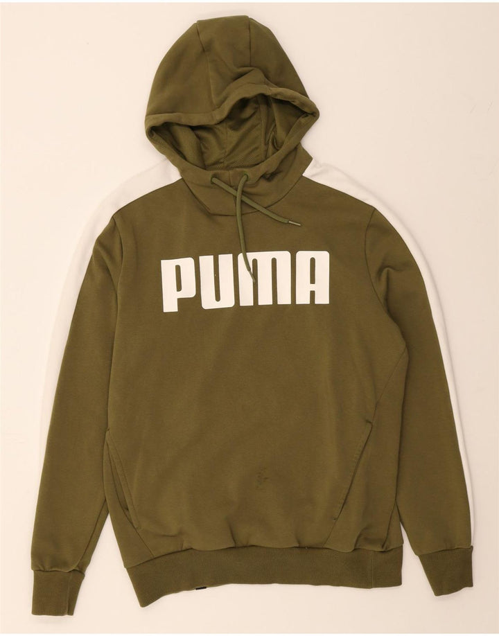 PUMA Mens Graphic Hoodie Jumper Medium Khaki Colourblock Cotton Vintage Puma and Second-Hand Puma from Messina Hembry 