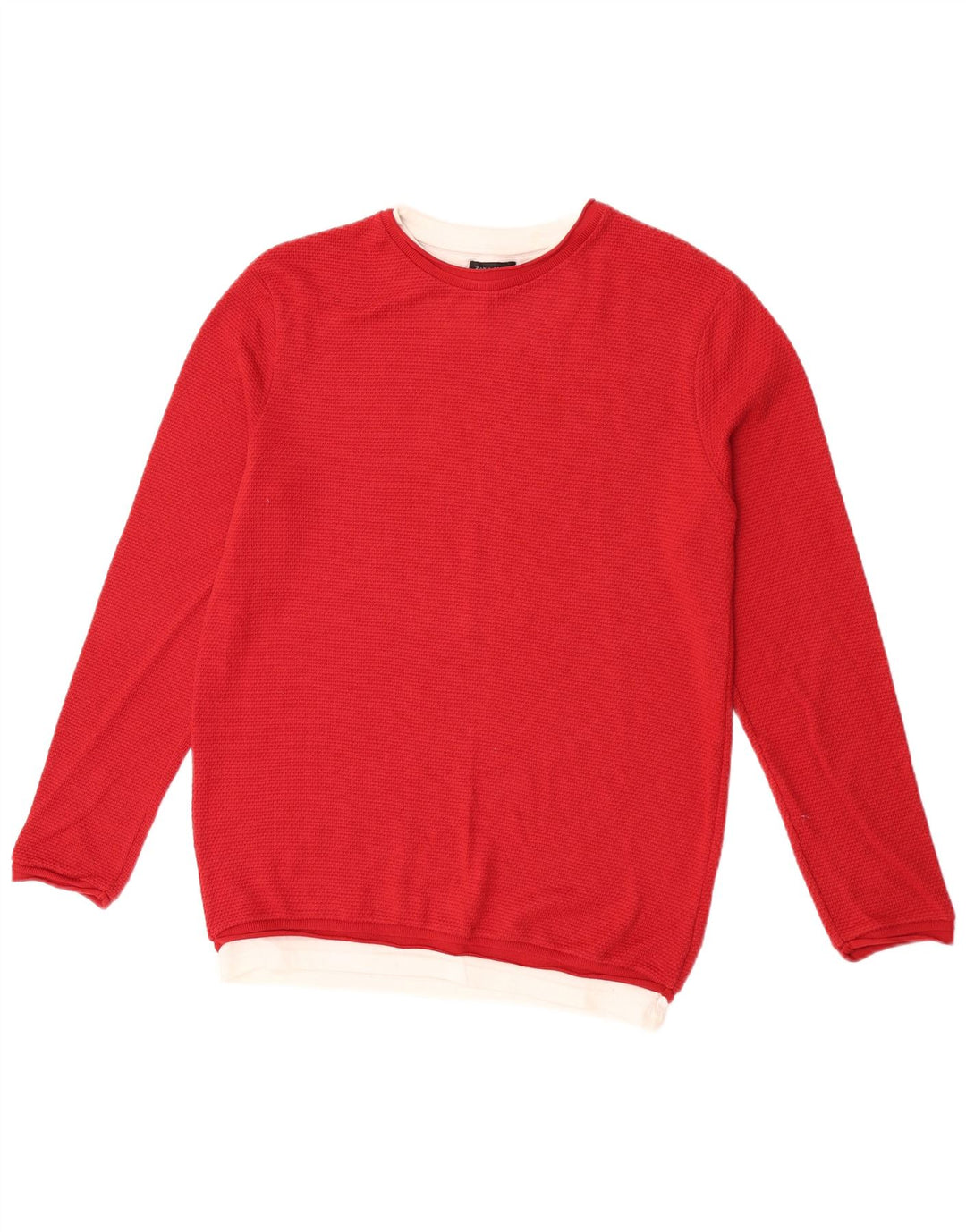 Zara Herren-Pullover mit Rundhalsausschnitt, mittelrote Colourblock-Baumwolle