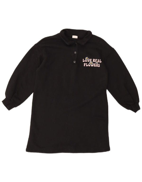 Zara Mädchen Langarm-Polokleid mit Grafik, 9–10 Jahre, schwarze Baumwolle