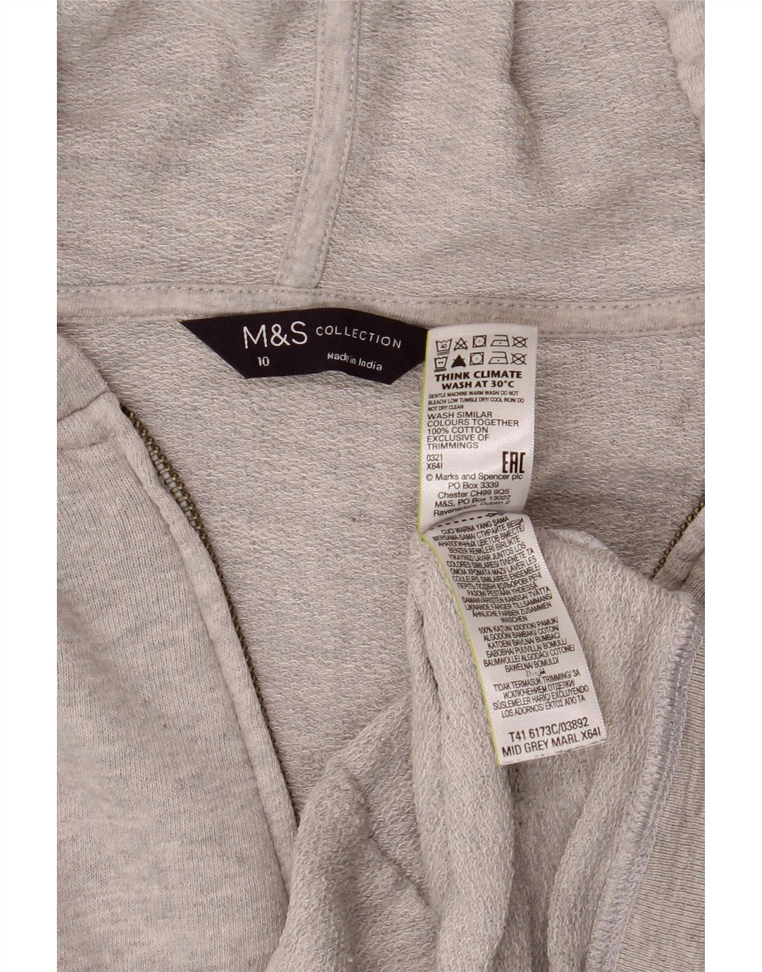 Marks & Spencer Damen-Übergroßer Kapuzenpullover mit Reißverschluss, Gr. 10, Größe S, Grau, Baumwolle
