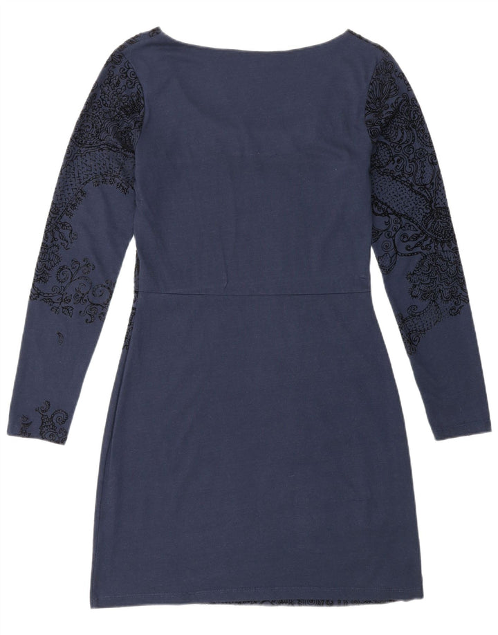 Desigual Damen Grafisches Langarm-Etuikleid aus mittelblauer Viskose mit Blumenmuster