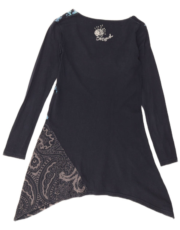 Desigual Damen Asymmetrisches Top Langarm UK 10 Small Marineblau mit Blumenmuster