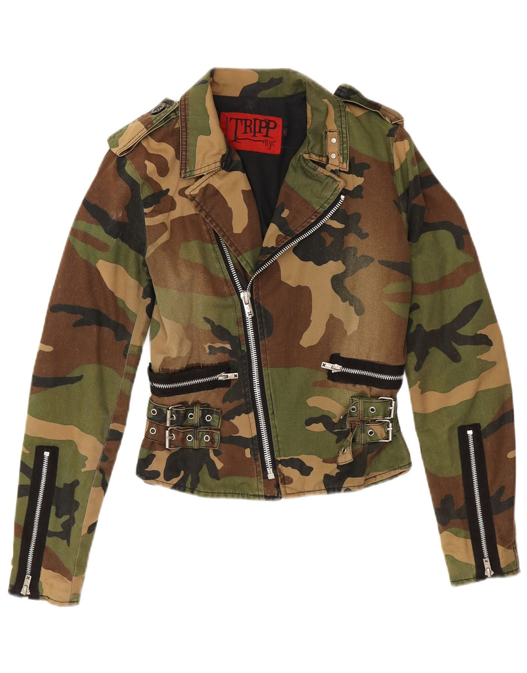 TRIPP NYC Damen Crop Military Jacke UK 10 Small Khaki Camouflage Baumwolle