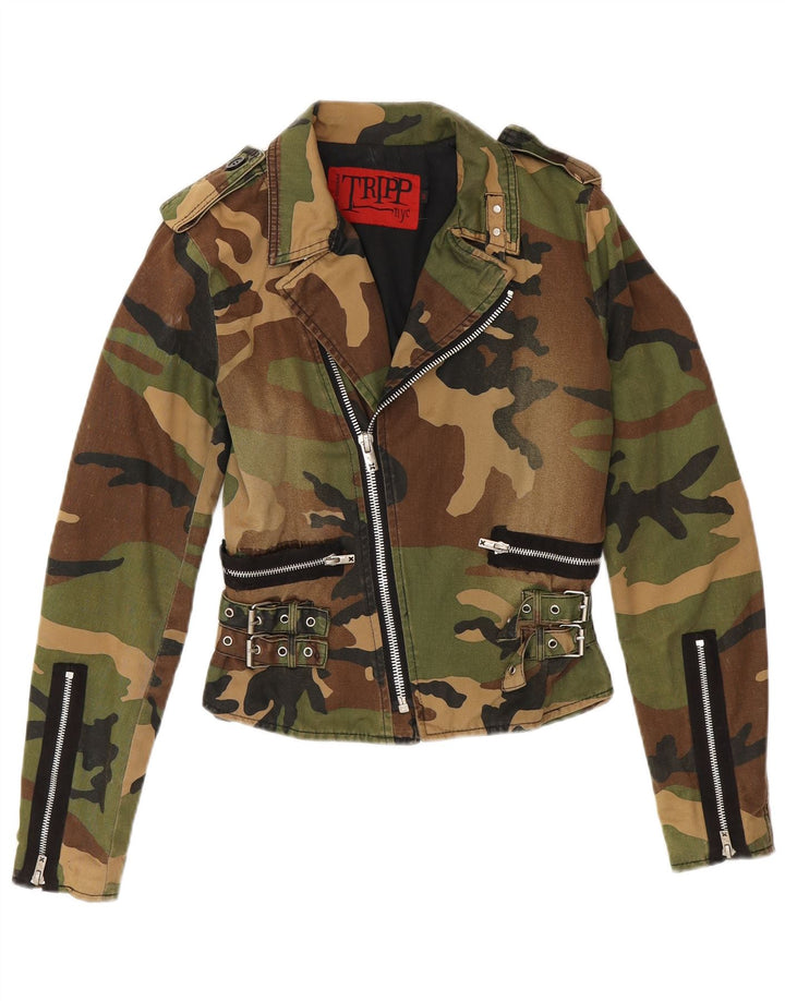 TRIPP NYC Damen Crop Military Jacke UK 10 Small Khaki Camouflage Baumwolle