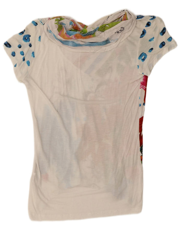 Desigual Damen Grafik-T-Shirt Top UK 14 Large Weiße Viskose