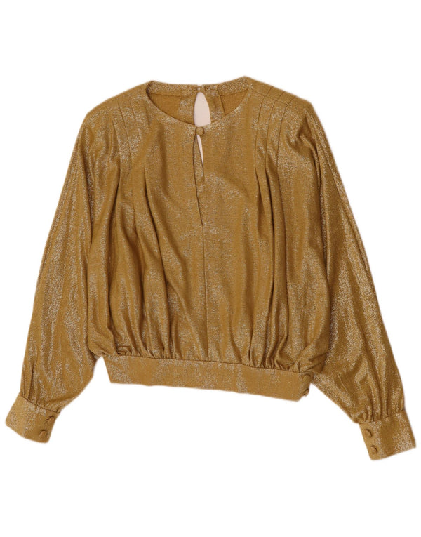 Vintage Damen Crop Langarm Bluse Top UK 12 Medium Gold