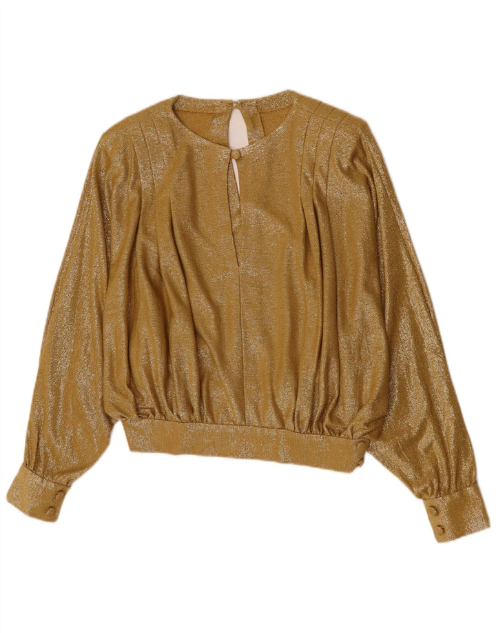 Vintage Damen Crop Langarm Bluse Top UK 12 Medium Gold