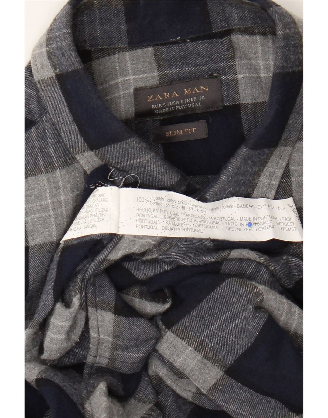 Zara Slim Fit Flanellhemd für Herren, klein, marineblau, kariert, Baumwolle