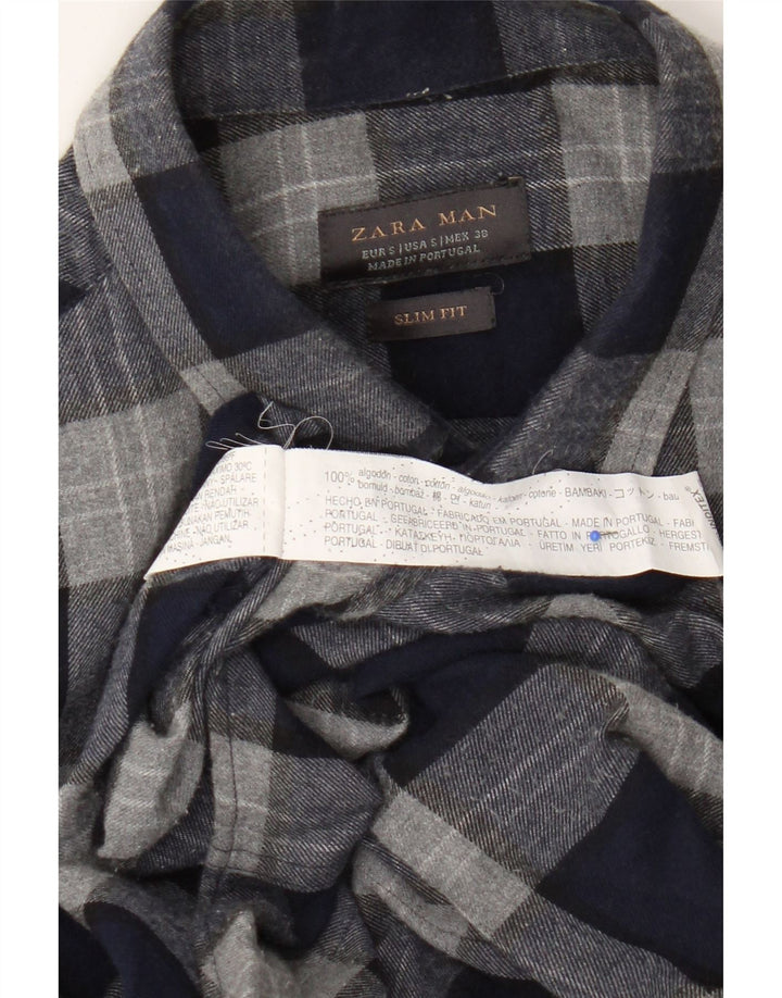 Zara Slim Fit Flanellhemd für Herren, klein, marineblau, kariert, Baumwolle