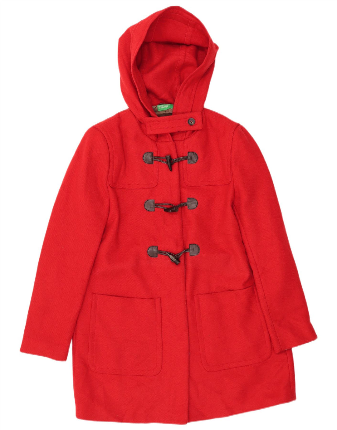 BENETTON Damen Dufflecoat mit Kapuze UK 16 Große rote Wolle