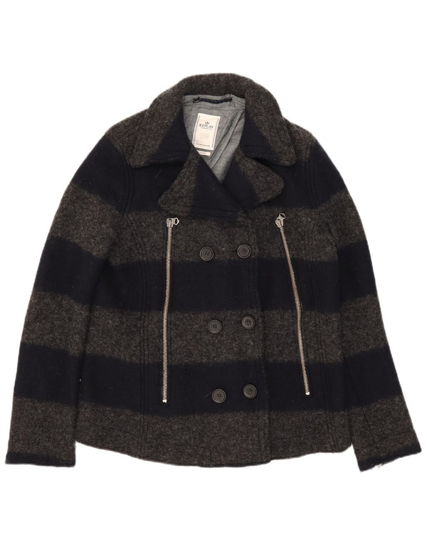Replay Damen Pea Coat UK 18 XL Grau gestreifte Wolle