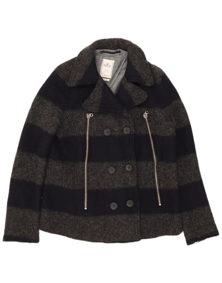 Replay Damen Pea Coat UK 18 XL Grau gestreifte Wolle