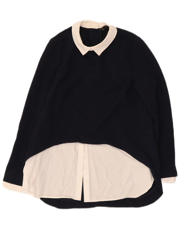 Zara Damen Langarm-Blusenoberteil UK 10 Small Marineblau Farbblock