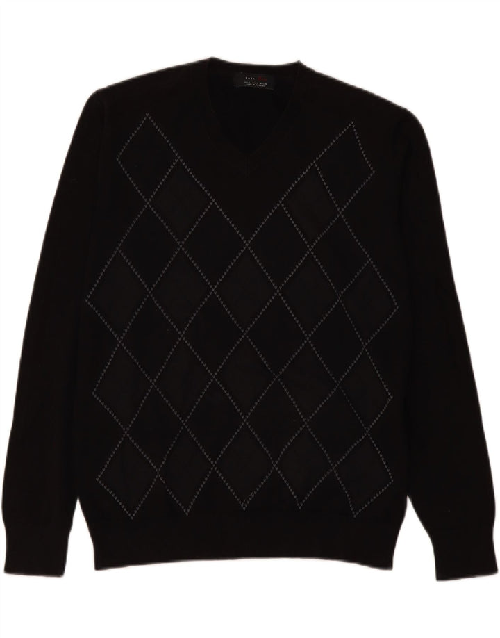 Zara Herren-Pullover mit V-Ausschnitt, Größe L, Schwarz, Argyle/Diamant