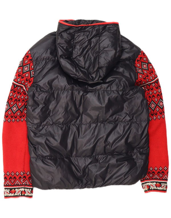 RA-RE Wattierte Damen-Strickjacke mit Kapuze, UK 16, großes, schwarzes, geometrisches Nylon