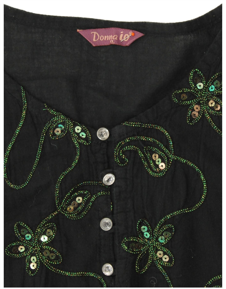 VINTAGE Damen 3/4 Ärmel Tunikakleid UK 18 XL Schwarz geblümt