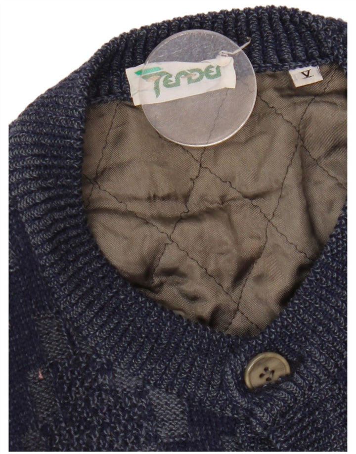 VINTAGE Herren Cardigan Pullover Große marineblaue geometrische Viskose