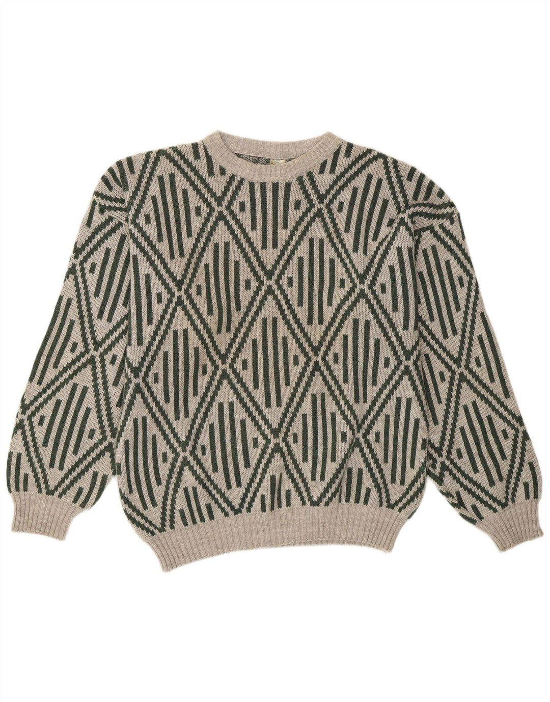 Vintage Herren Pullover mit Rundhalsausschnitt, Mittelgrau, geometrisches Acryl