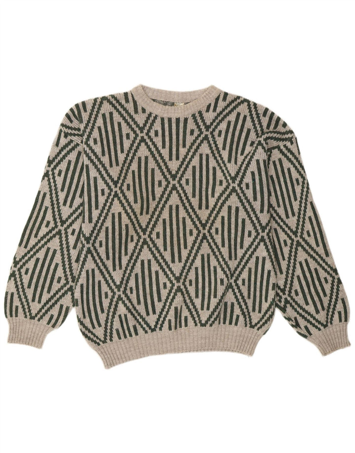 Vintage Herren Pullover mit Rundhalsausschnitt, Mittelgrau, geometrisches Acryl