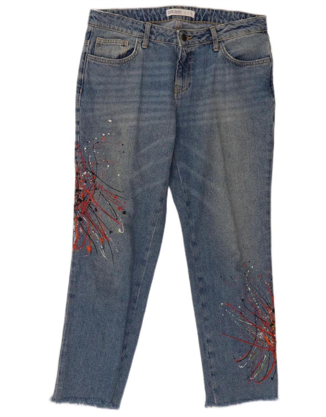 Zara Damen Graphic Cropped Jeans EU 40 Medium W30 L26 Blau gepunktete Baumwolle