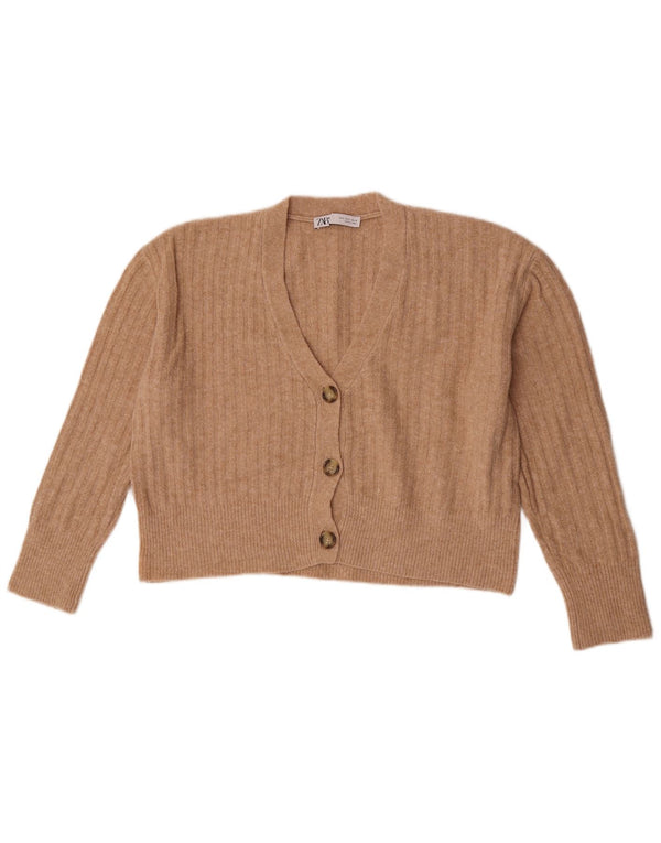 Zara Damen Crop Oversized Cardigan Pullover UK 10 Small Beige Acryl