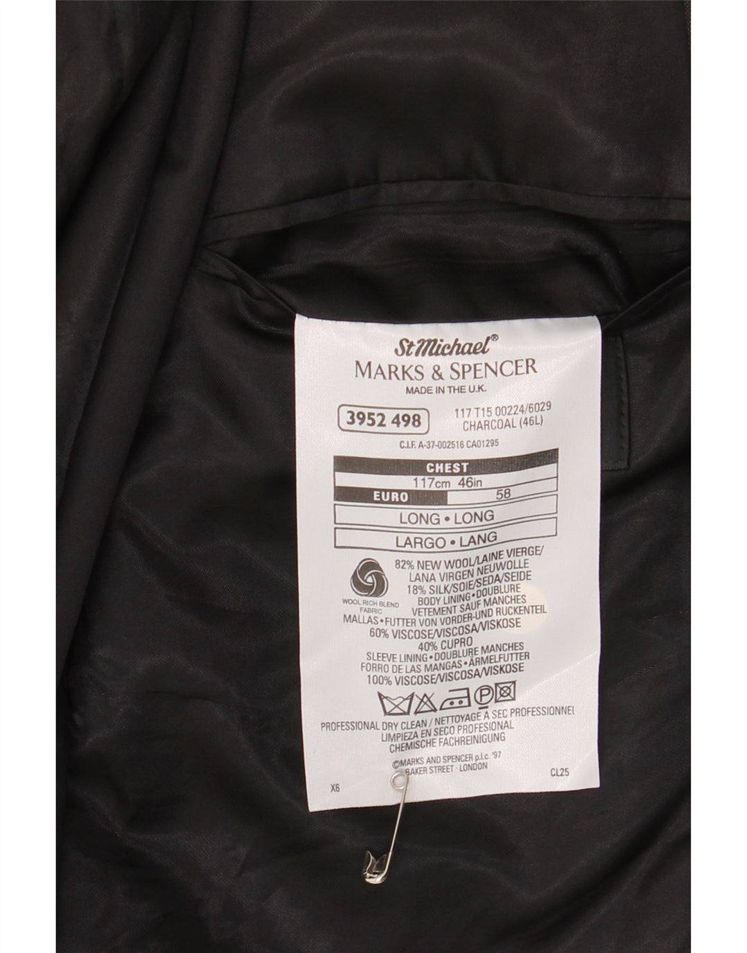 Marks & Spencer Herren-Blazer, lang, mit 2 Knöpfen, UK 46, XL, graue Schurwolle