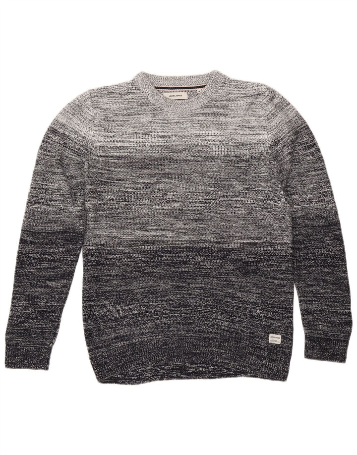 Jack & Jones Herren-Pullover mit Rundhalsausschnitt, mittelgrau, gestreift, Baumwolle