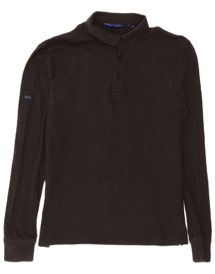 Superdry Herren-Langarm-Poloshirt aus mittelschwarzer Baumwolle