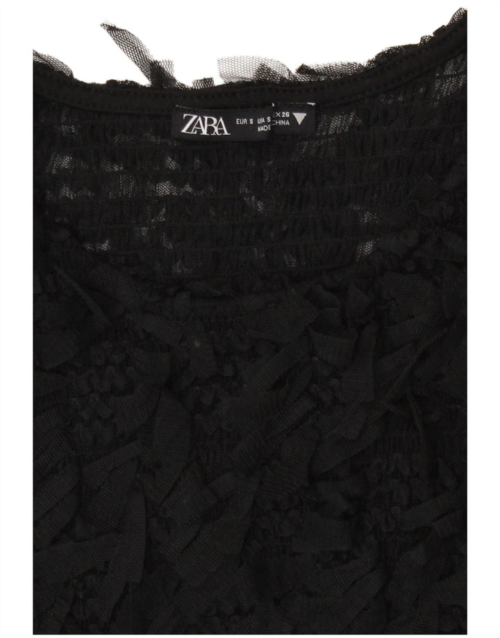 Zara Damen Crop See Through Bluse Top UK 8 Small Schwarz