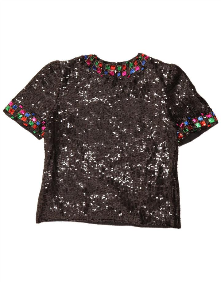 Vintage Damen Bluse mit Pailletten, UK 16, große schwarze Seide