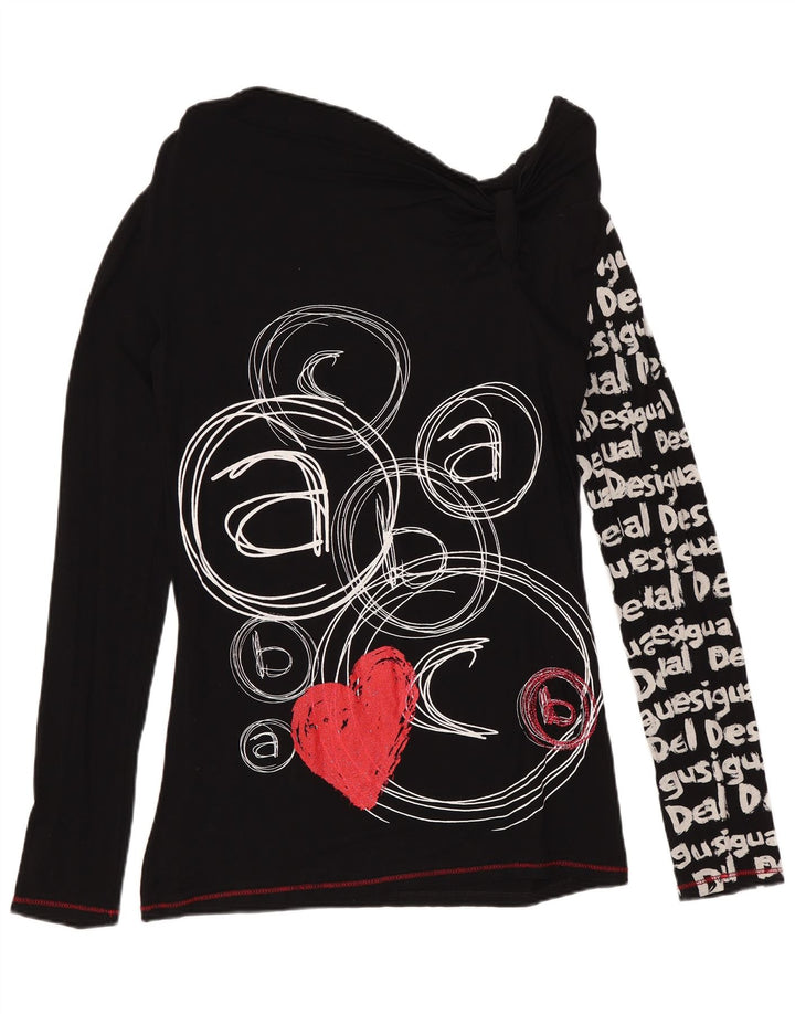 DESIGUAL Damen Off Shoulder Graphic Top Langarm UK 12 Medium Schwarz