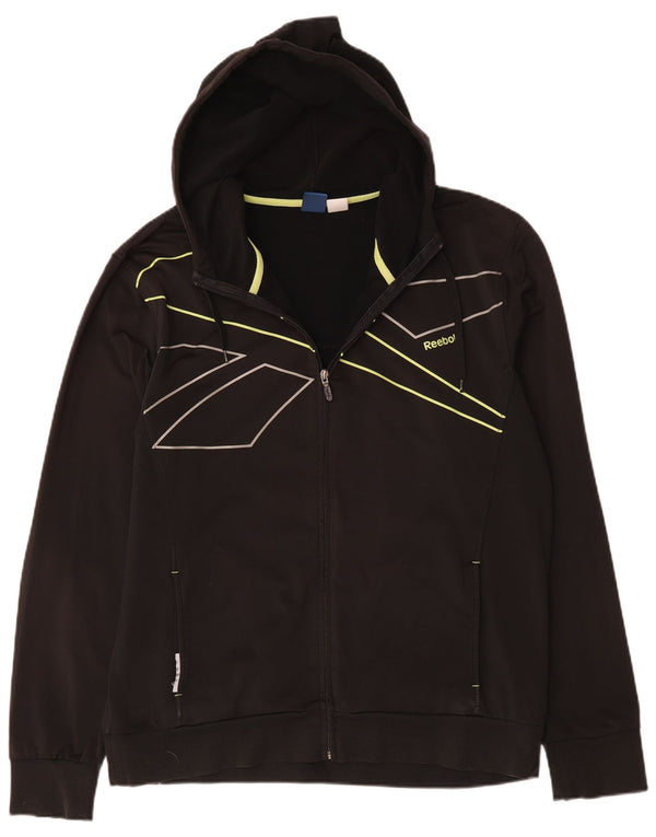Reebok Herren-Kapuzenpullover mit grafischem Reißverschluss, groß, schwarzes Nadelstreifen-Polyester