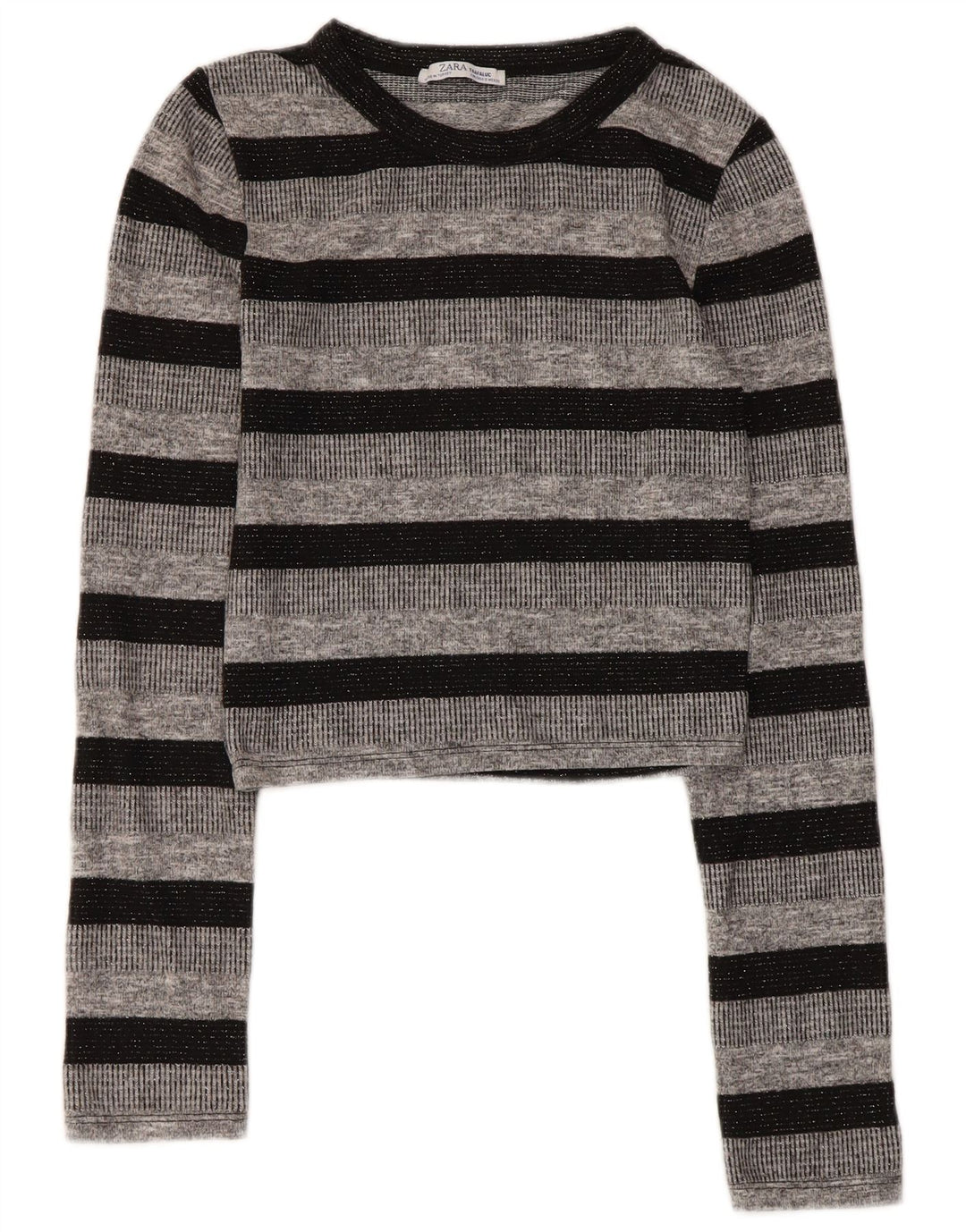 Zara Damen Trafaluc Crop Top Langarm UK 8 Small Grau gestreift Polyester
