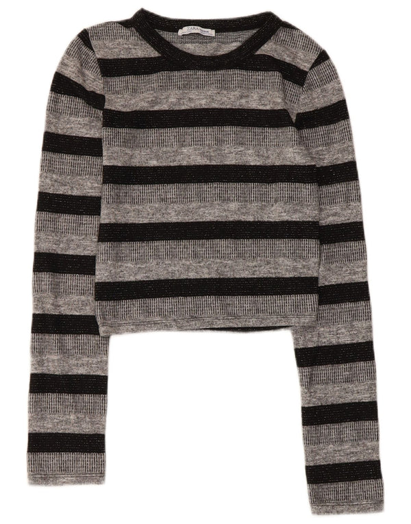 Zara Damen Trafaluc Crop Top Langarm UK 8 Small Grau gestreift Polyester