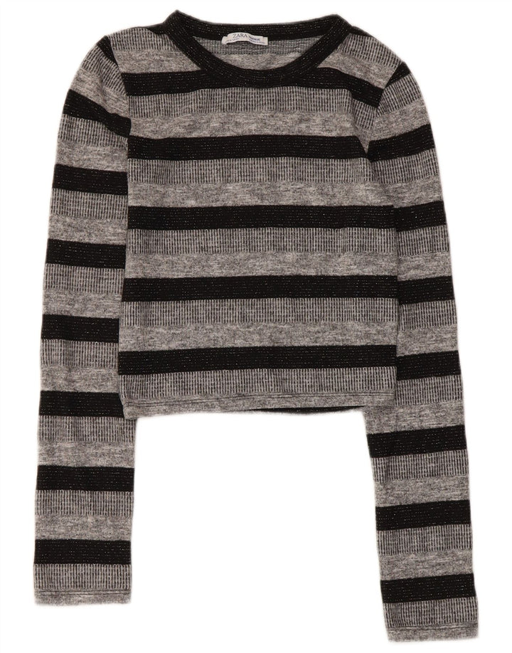 Zara Damen Trafaluc Crop Top Langarm UK 8 Small Grau gestreift Polyester