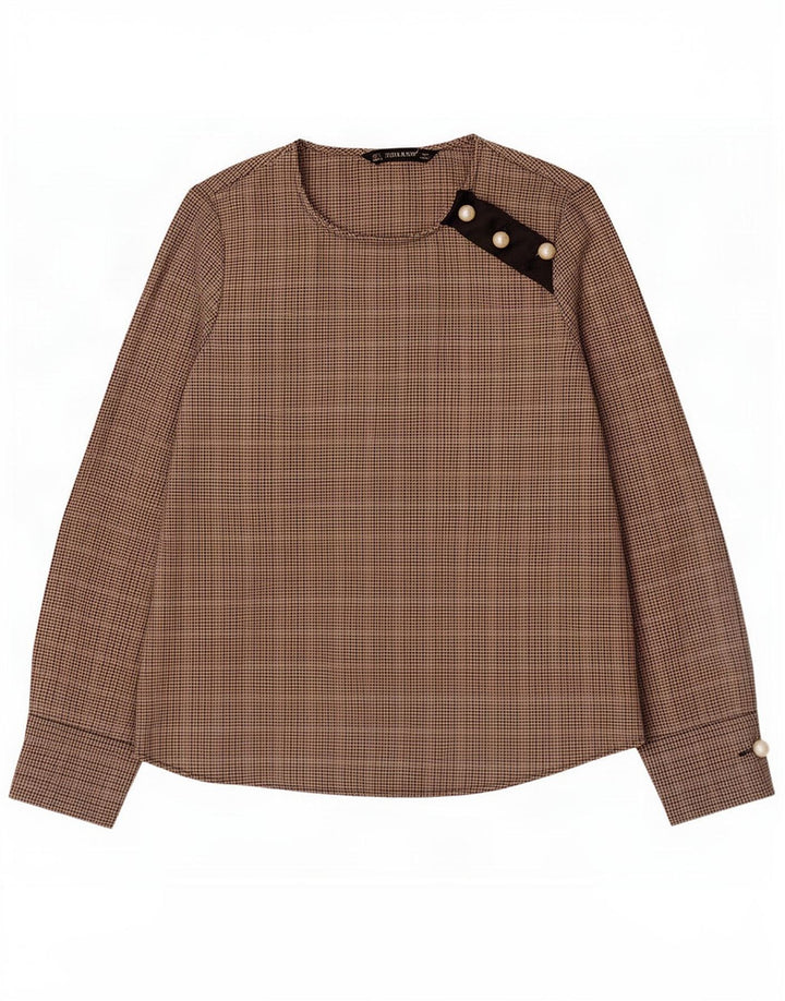 Zara Damen Langarmblusenoberteil UK 10 Small Braunes Fischgrätenmuster aus Polyester