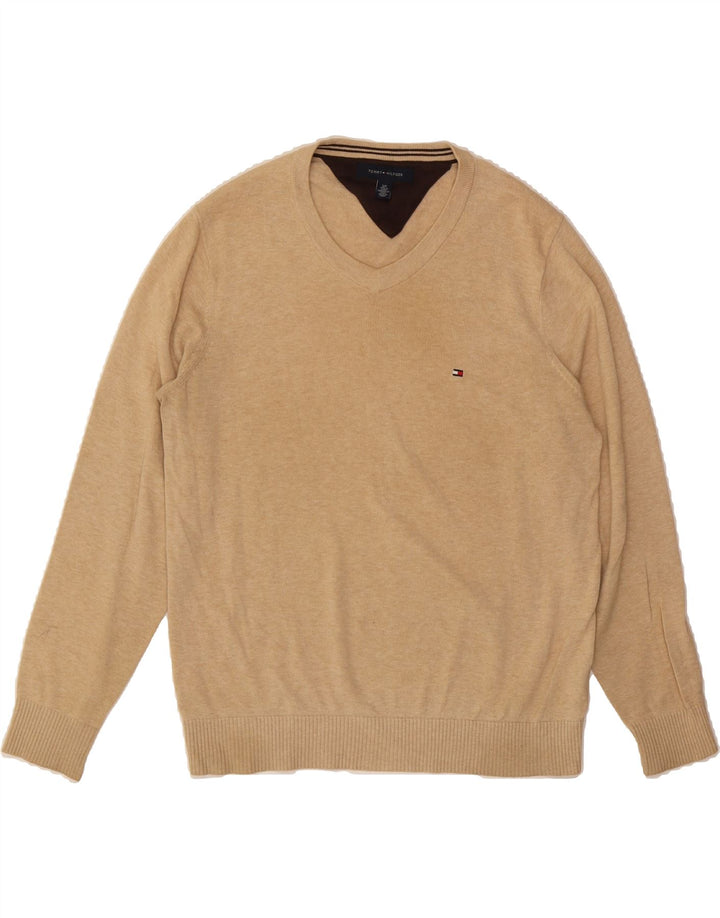 TOMMY HILFIGER Mens V-Neck Jumper Sweater Small Beige Cotton Vintage Tommy Hilfiger and Second-Hand Tommy Hilfiger from Messina Hembry 