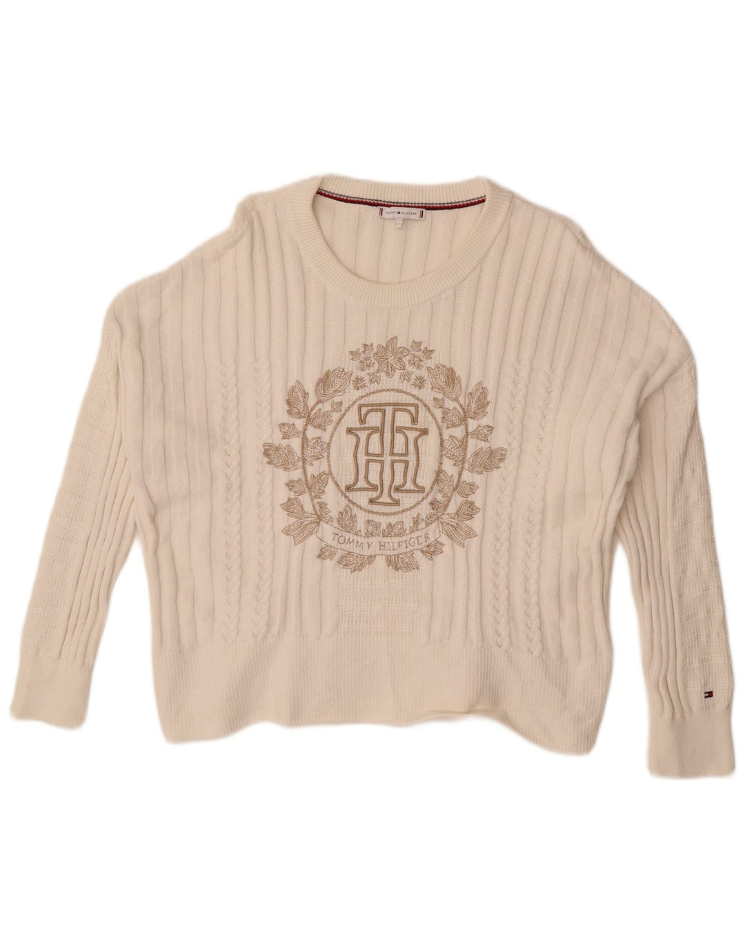 Tommy Hilfiger Damen Pullover mit grafischem Rundhalsausschnitt, UK 14, Mittelweiß